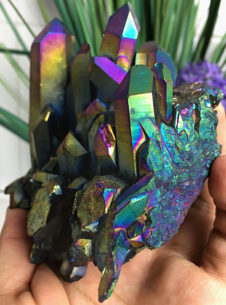 579g Rainbow Titanium plated Crystal Cluster, color-changing crystal