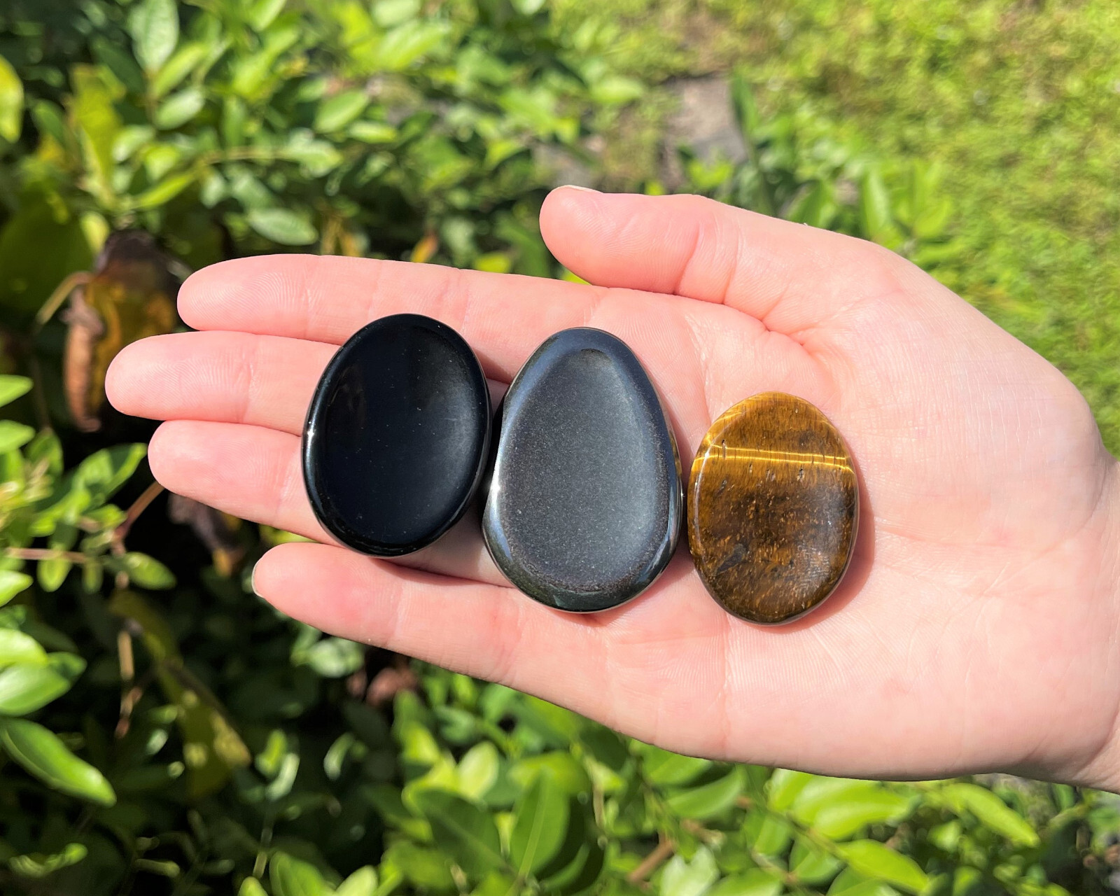Triple Protection Worry Stone Set – Gold Tiger Eye, Black Obsidian & Hematite