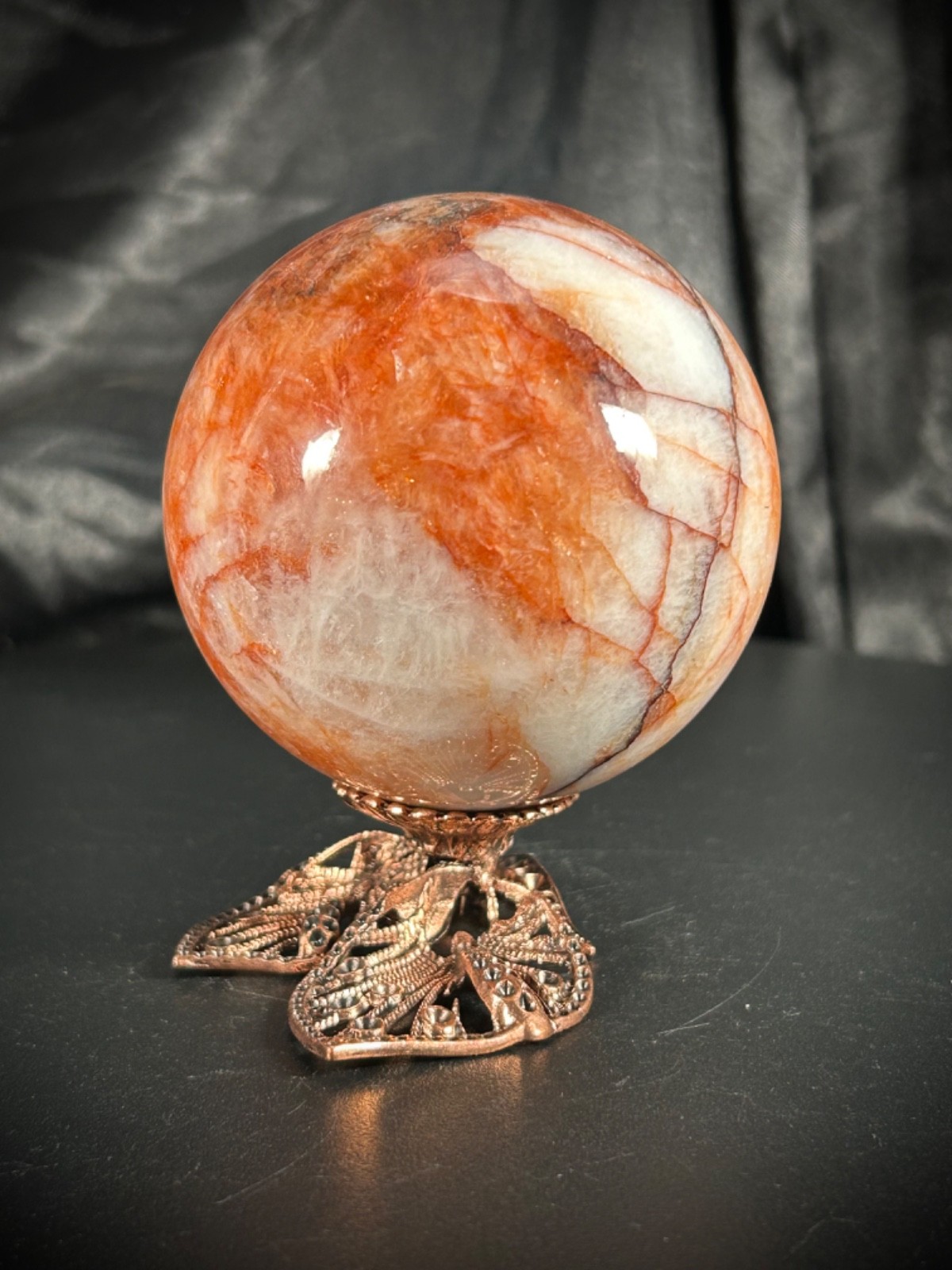 2.6″ Hematoid (Fire) Quartz Sphere With Unique Metal Stand 14.3oz (403 grams)