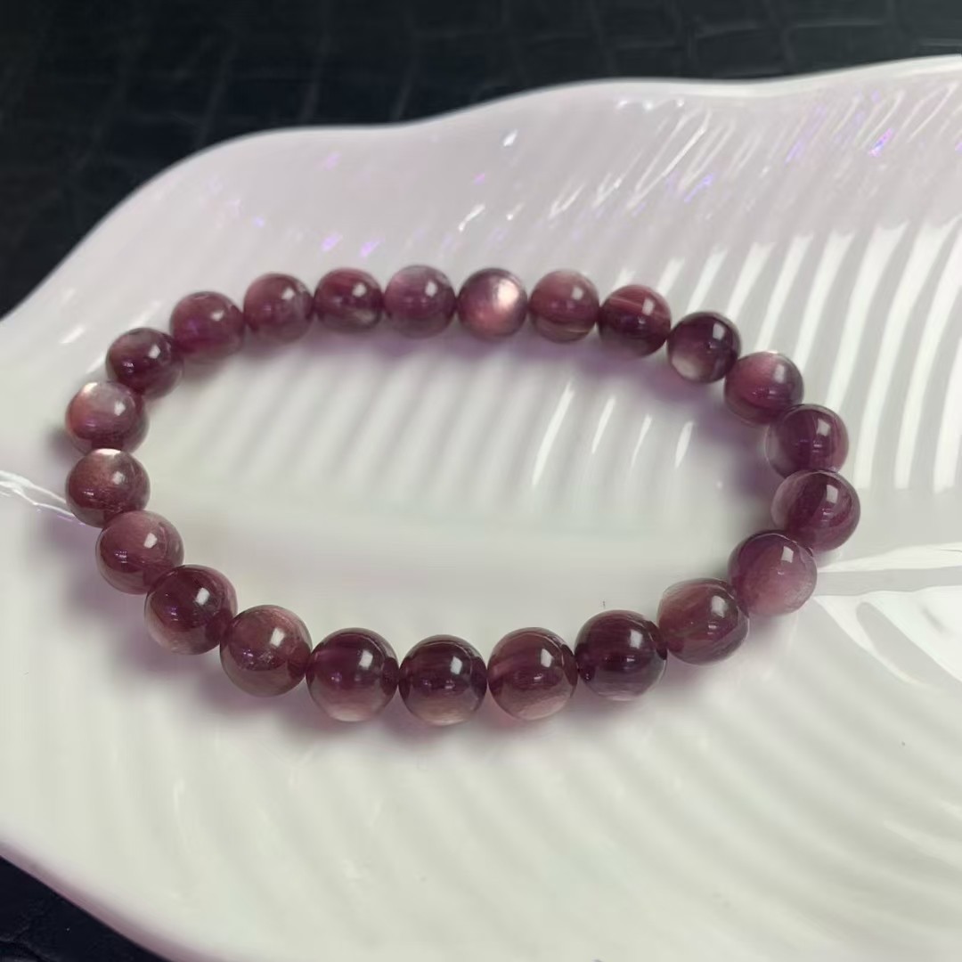 7-8mm Natural Purplelepidolite Crystal Round Cat’s Eye Beads Bracelet 1pc