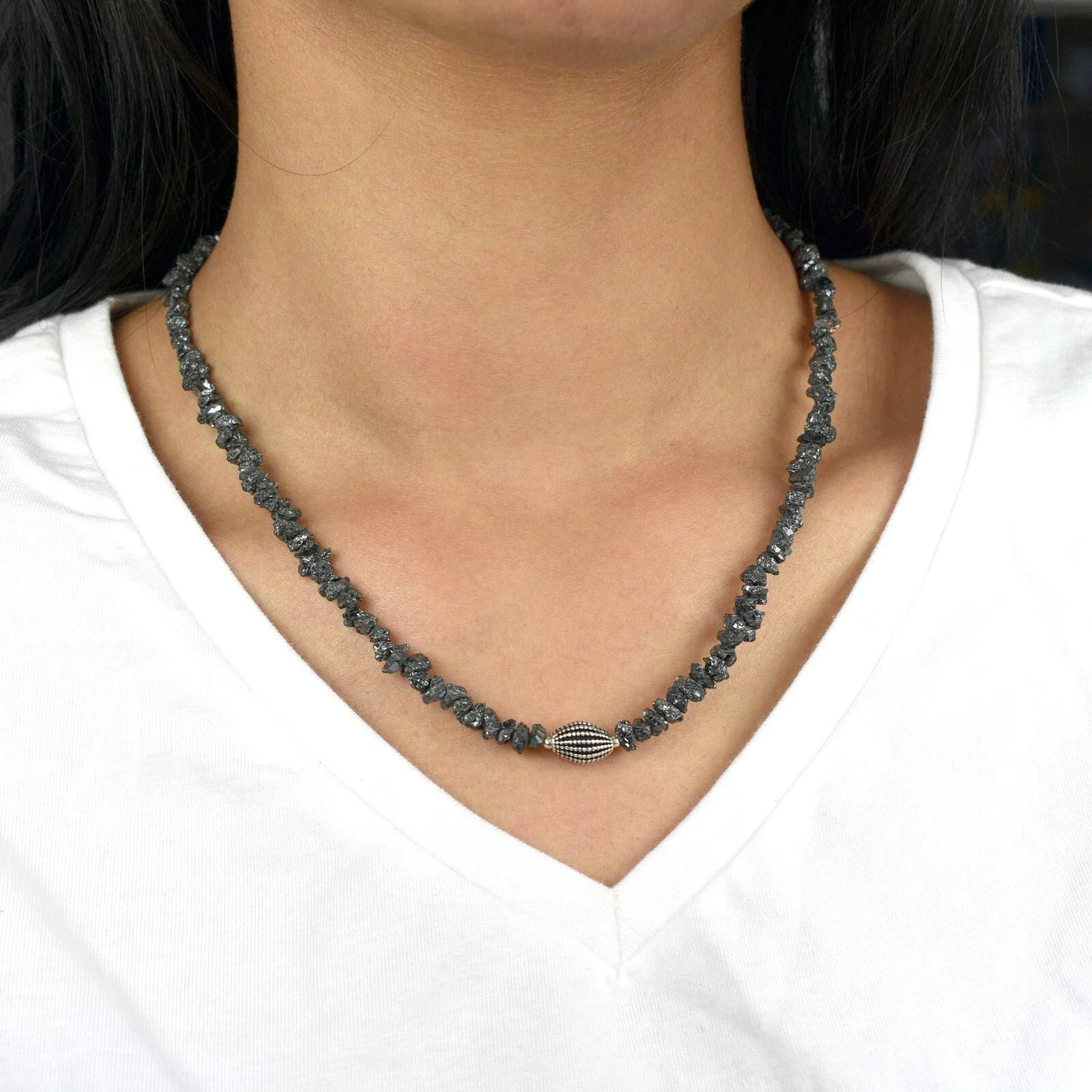 Beautiful Black Raw Diamonds Necklace in 925 Silver Setting-16 Inches