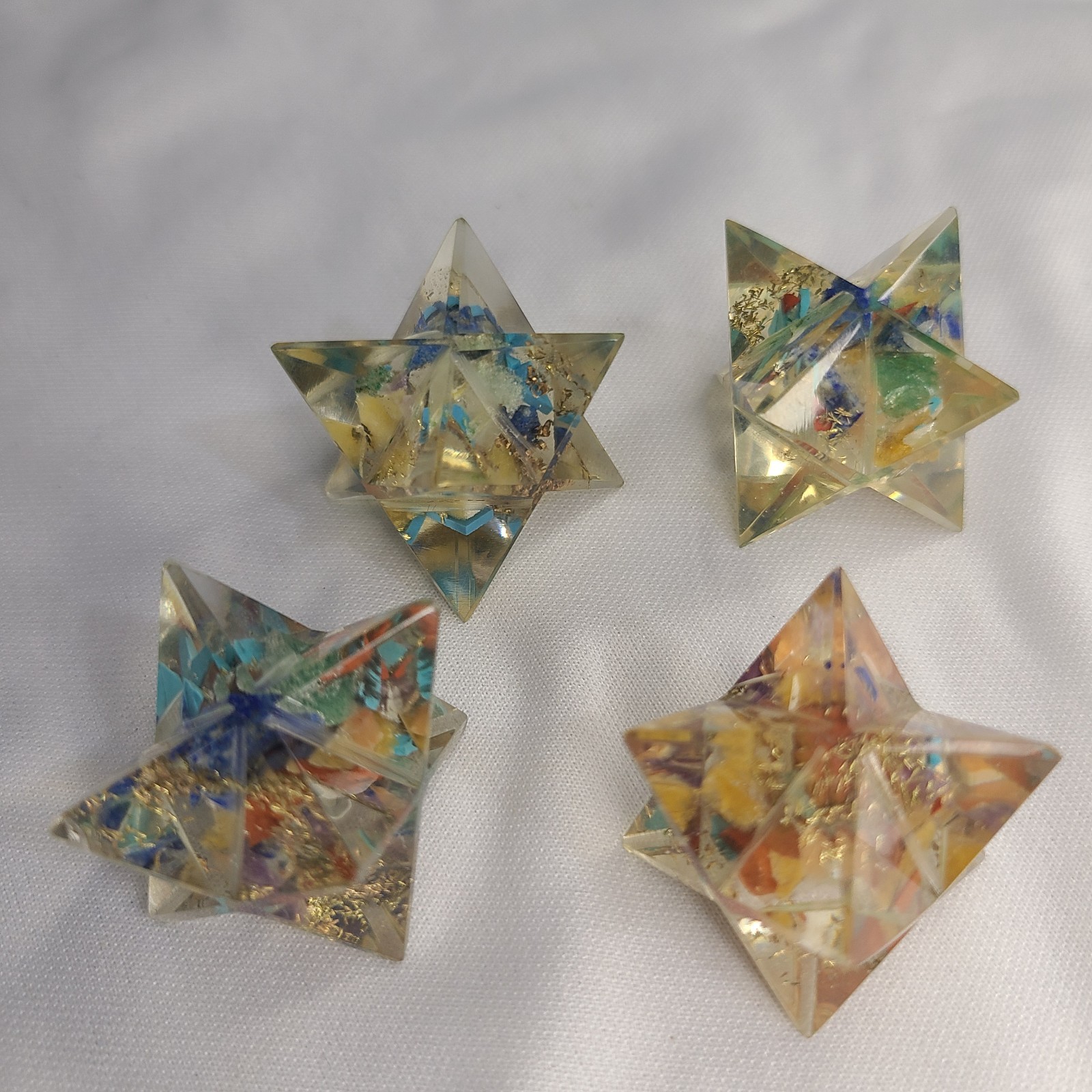 Lot 4 Vintage Merkaba Stars Lucite Acrylic Blue With Gold Leaf Kappa Healing 1″