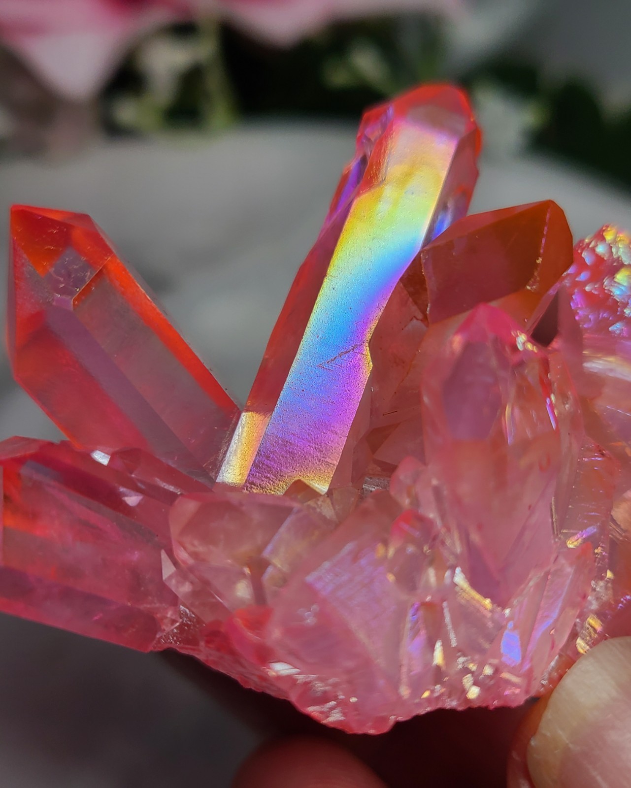 2.6″ 65g Beautiful Brazilian Pink Rainbow Aura Quartz Crystal Cluster Point