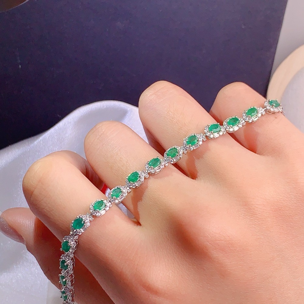 Natural oval emerald bracelet Gemstone jewelry S925 Silver Plated 18K Gold Gift