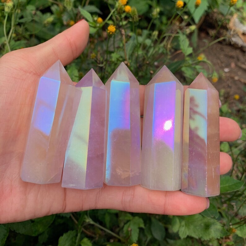Angel Aura Rose Quartz Specimen Healing Crystal Wand Obelisk Tower Point Gifts
