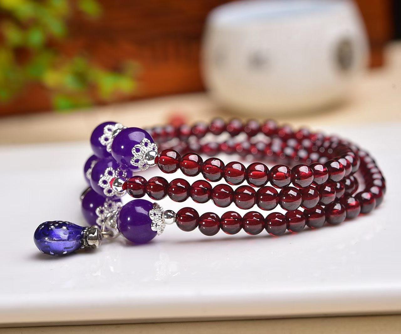 4.5mm TOP Natural garnet Crystal quartz carved round bead bracelet Healing
