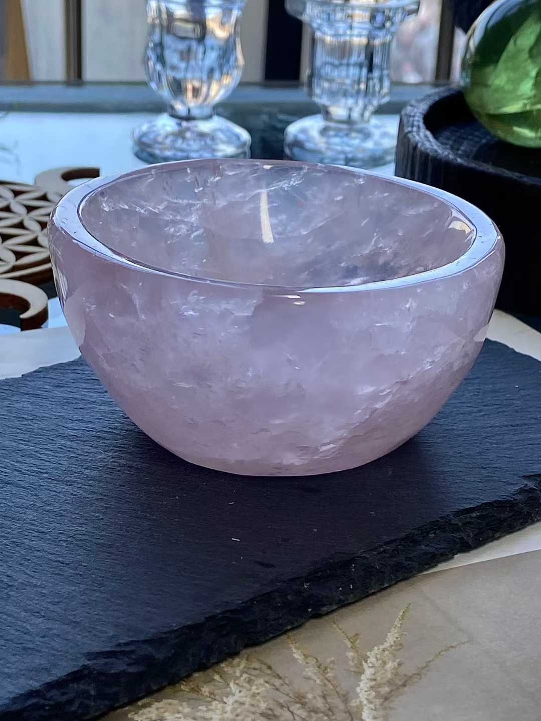 1pc Natural rose quartz crystal Carved bowl Reiki Healing Gift random 80-90mm