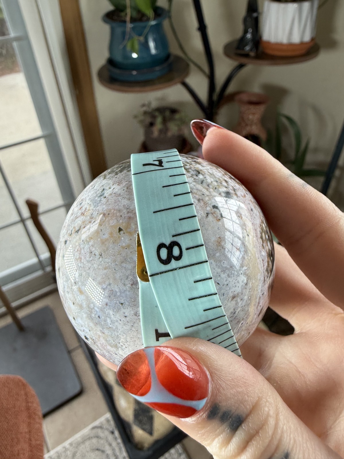 8th Vein Ocean Jasper Sphere – Druzy – Pink, White, Blue & Green Orbs – 9.91 oz