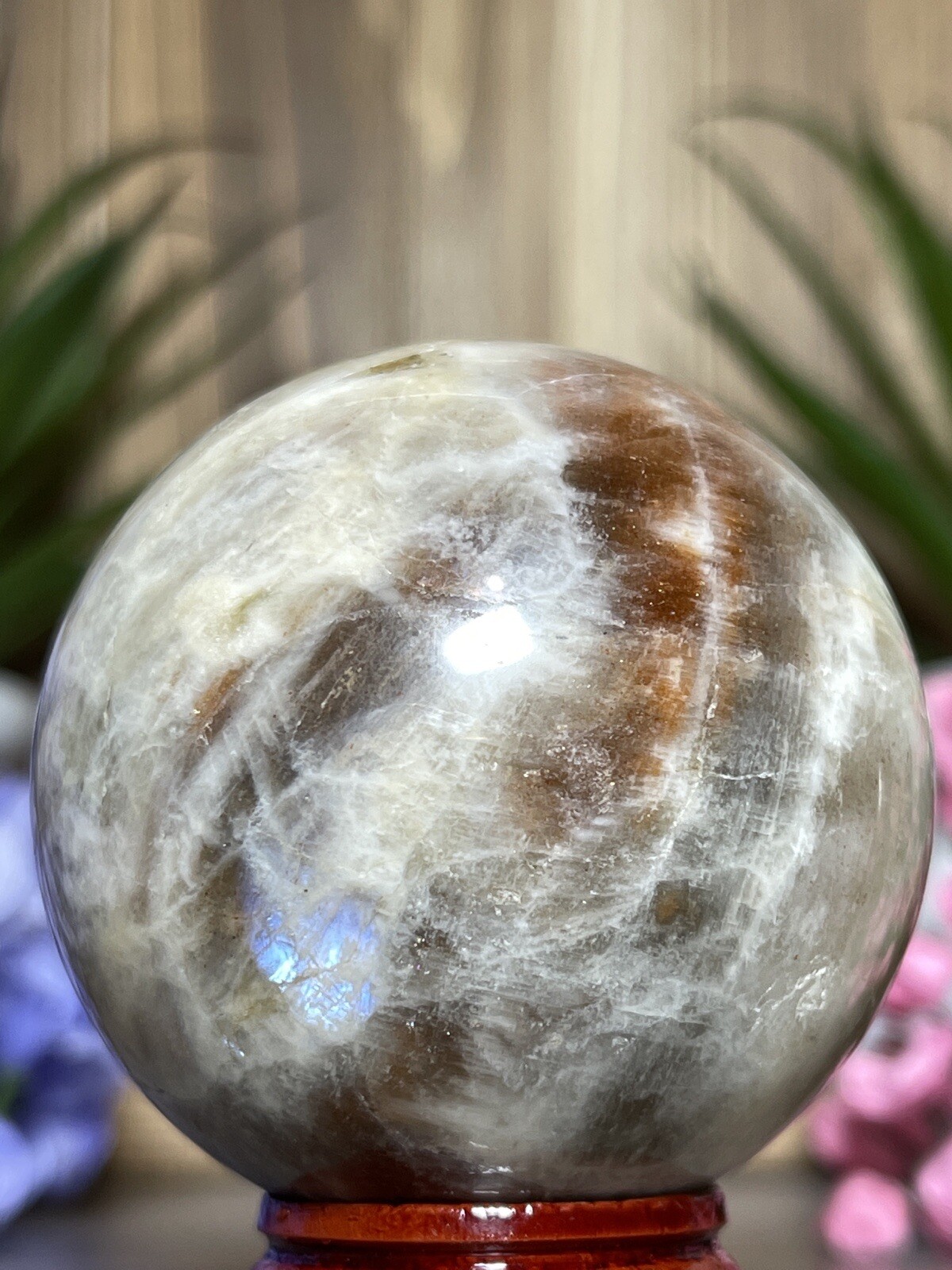 52mm MOONSTONE SUNSTONE SPHERE – Crystal Blue Feldspar Orange Mineral Witch 202g
