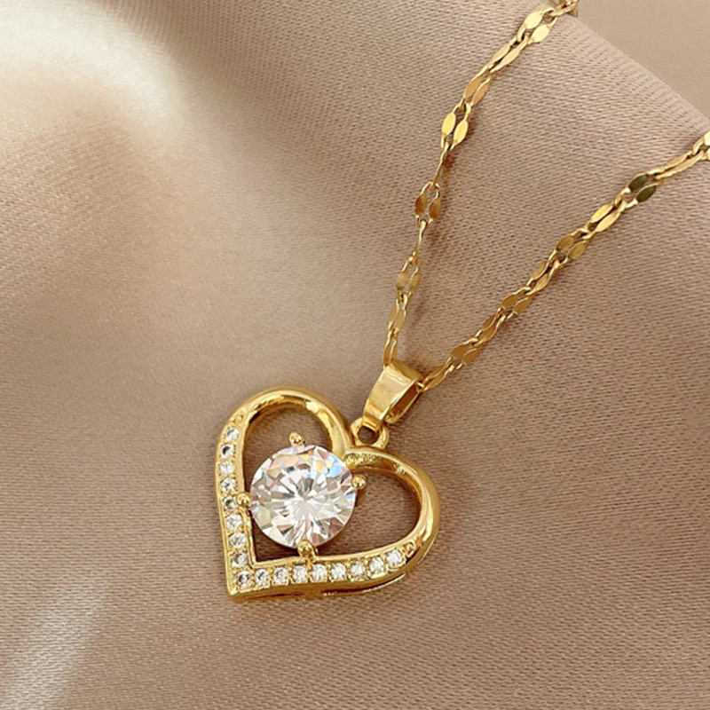 Women’s Fashion Jewelry Gold Heart Cubic Zircon Pendant Necklace Gift 1PC