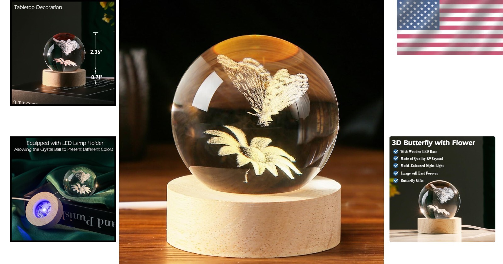 Charming Butterfly Crystal Ball with Polished Wood Base – Decorative Table Lamp