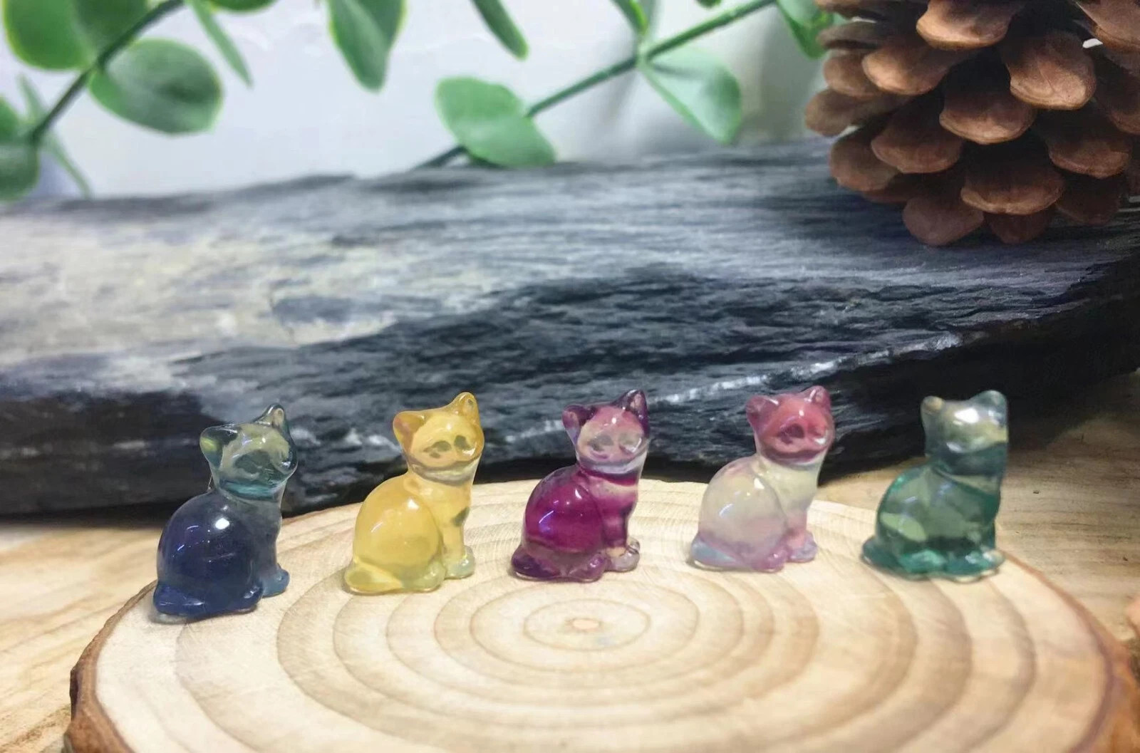5pc Natural fluorite Carved mini cat crystal quartz crystal reiki healing decor