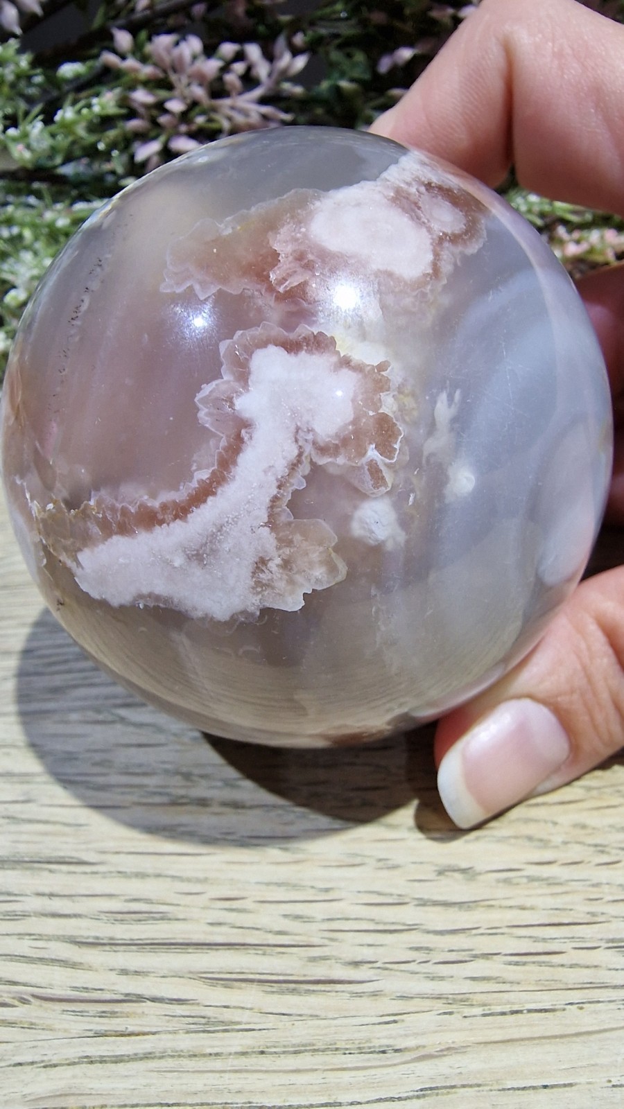 Flower Agate Crystal Sphere 537g 73mm UV Reactive Free Stand