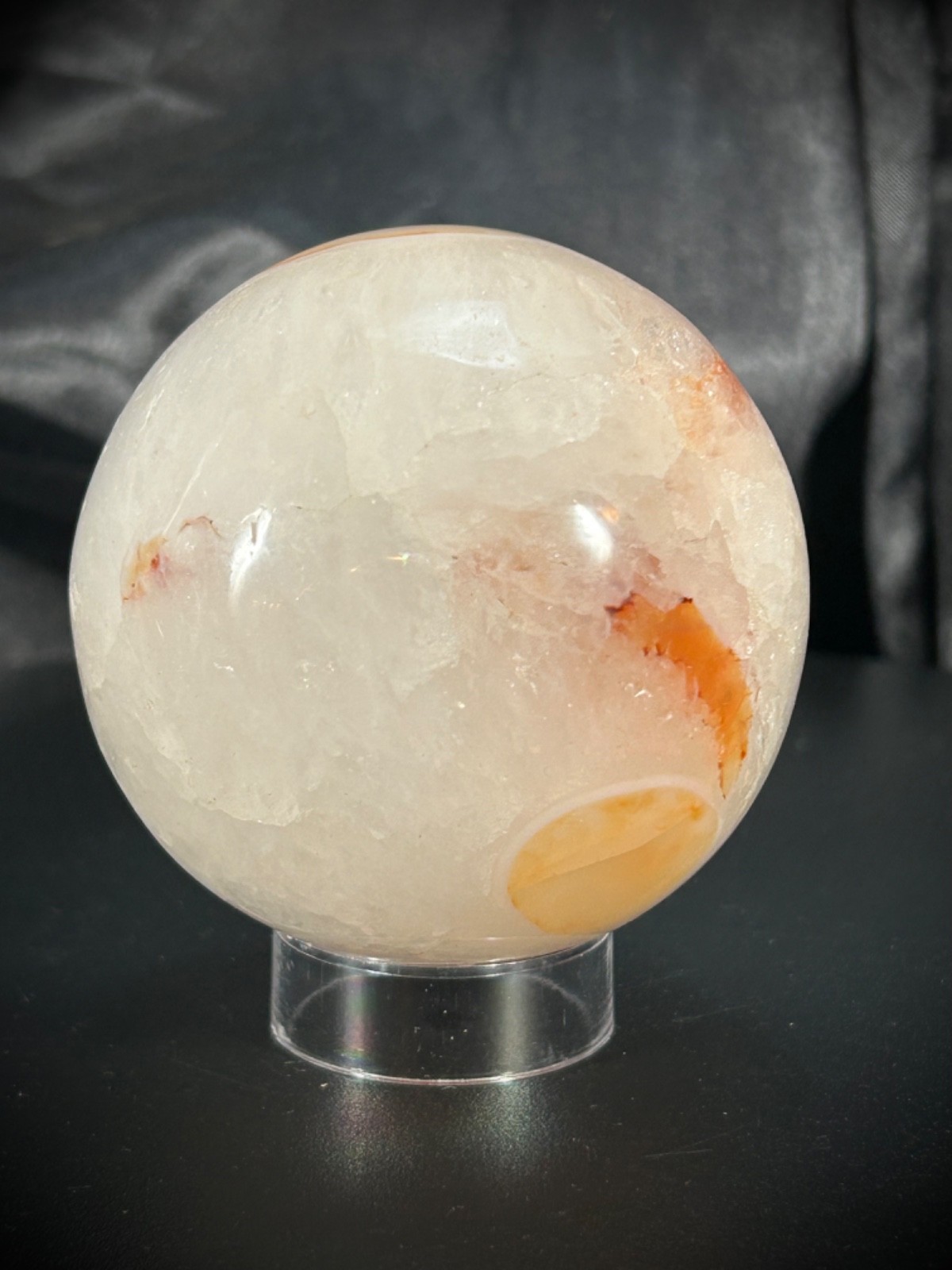2.6″ Carnelian And Quartz Sphere With Acrylic Stand 14.3oz (405 grams)