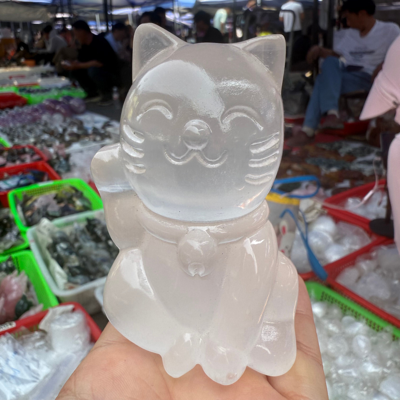 3.5″ Natural White stone paste Maneki Neko Quartz Crystal Carved Reiki Healing
