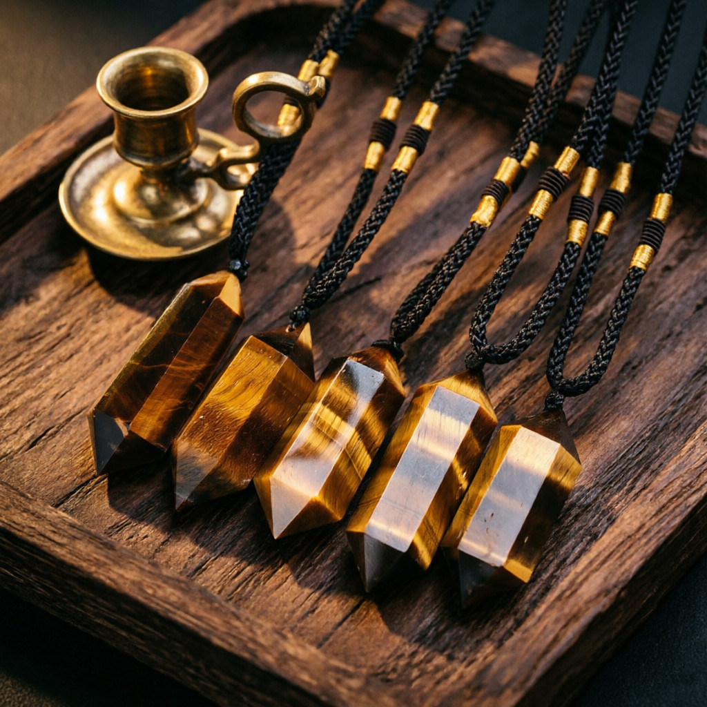 Natural Tiger’s Eye Double Point Crystal Pendant Necklace Healing Stone Unsex