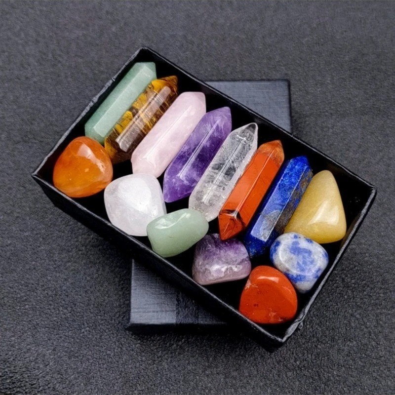 14pcs Pointed Quartz Crystal Chakra Healing Stones and Crystals Set Hexagon Rose