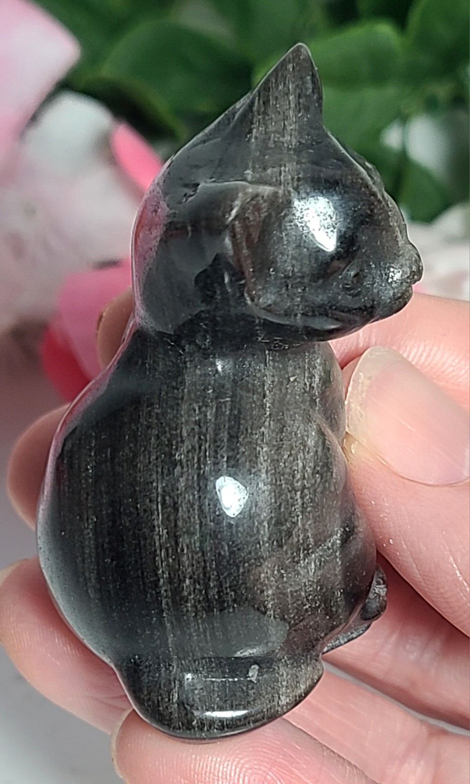 2″ 53g Adorable Silver Sheen Obsidian Sitting Cat Crystal Stone Carving Statue
