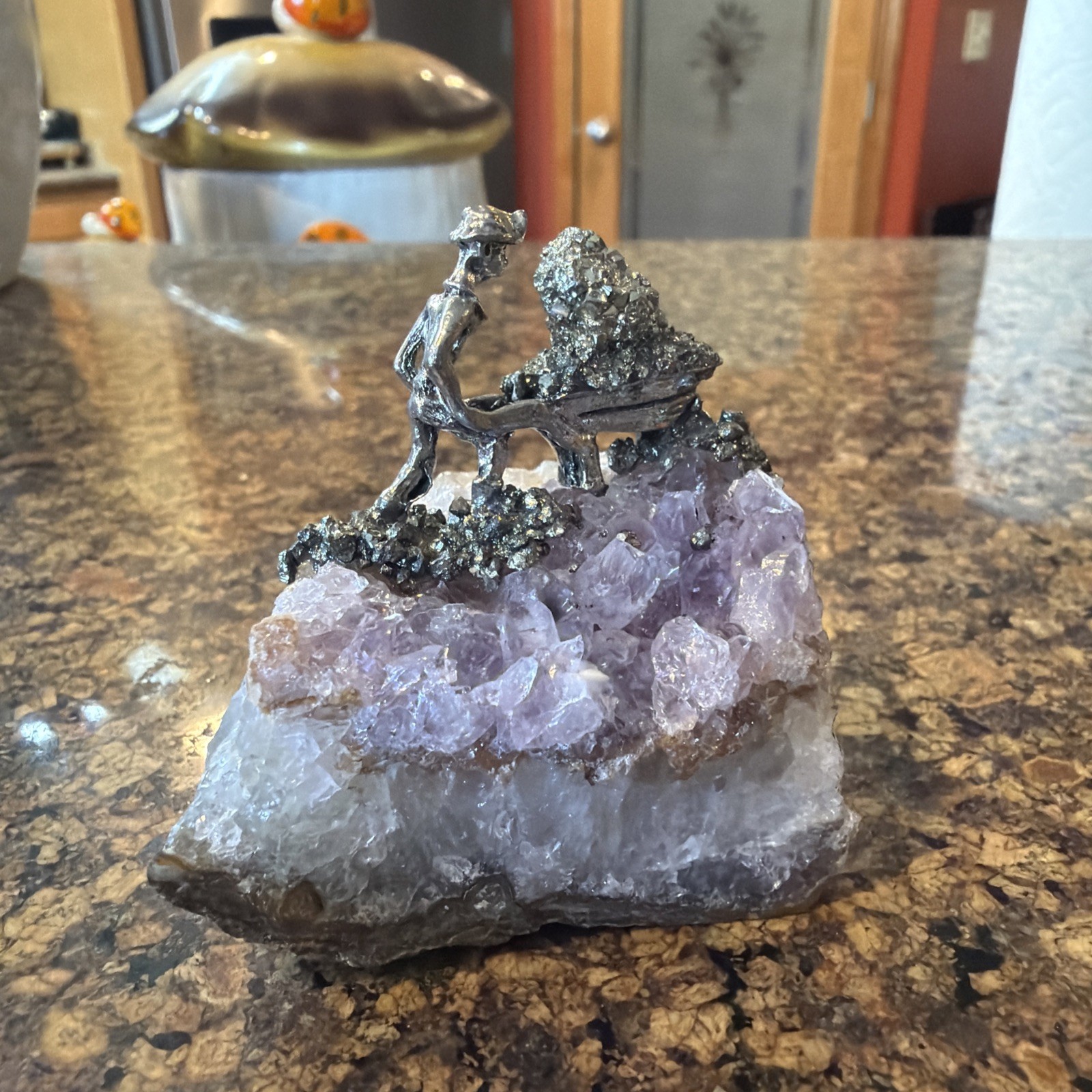 Pewter Gold Miner mining On Amethyst Cluster Prospector Pyrite 2.5”x2.5”x1.5”