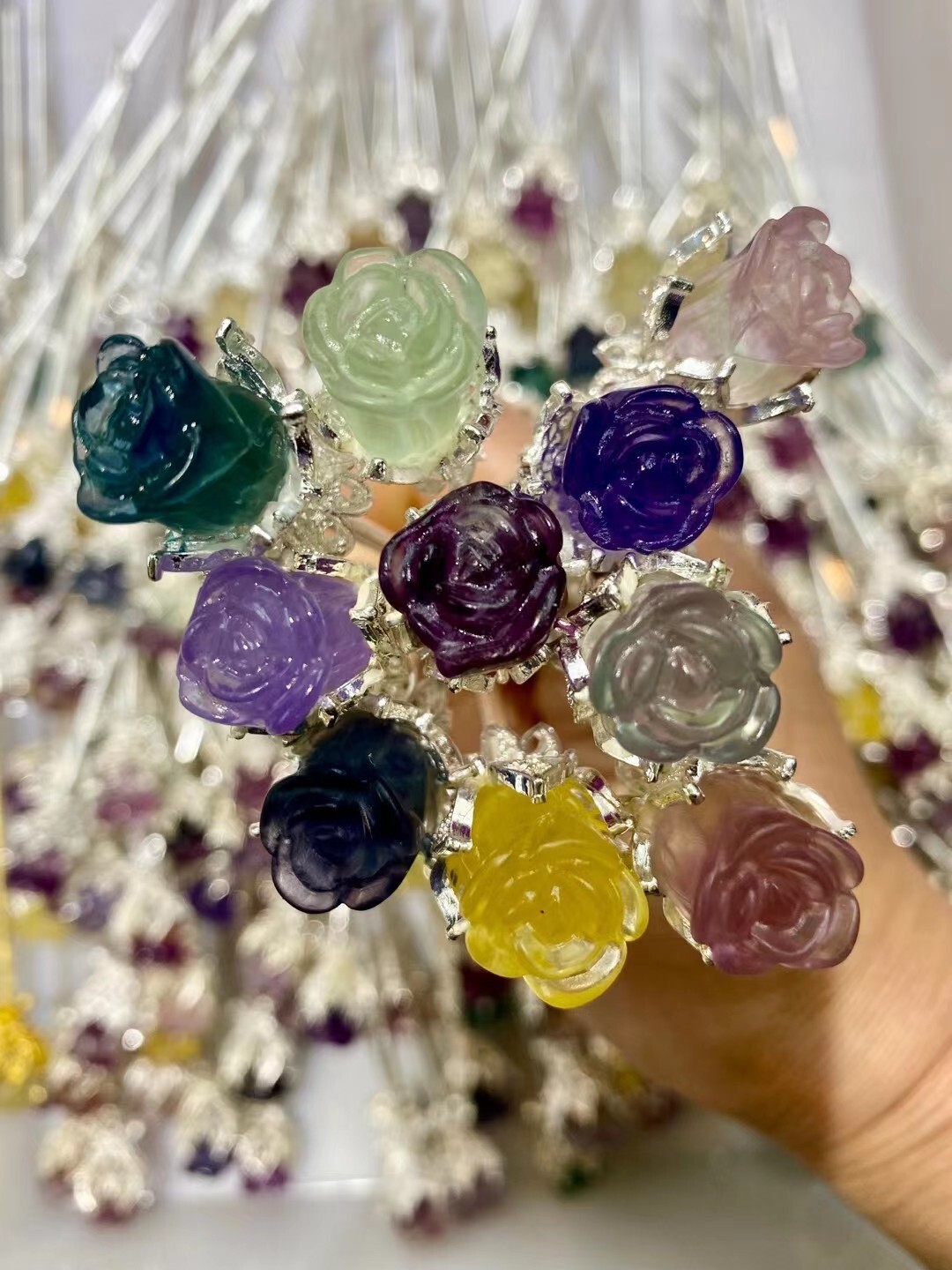 5PC Natural Mix fluorite quartz crystal rose flowers carved reiki healing random