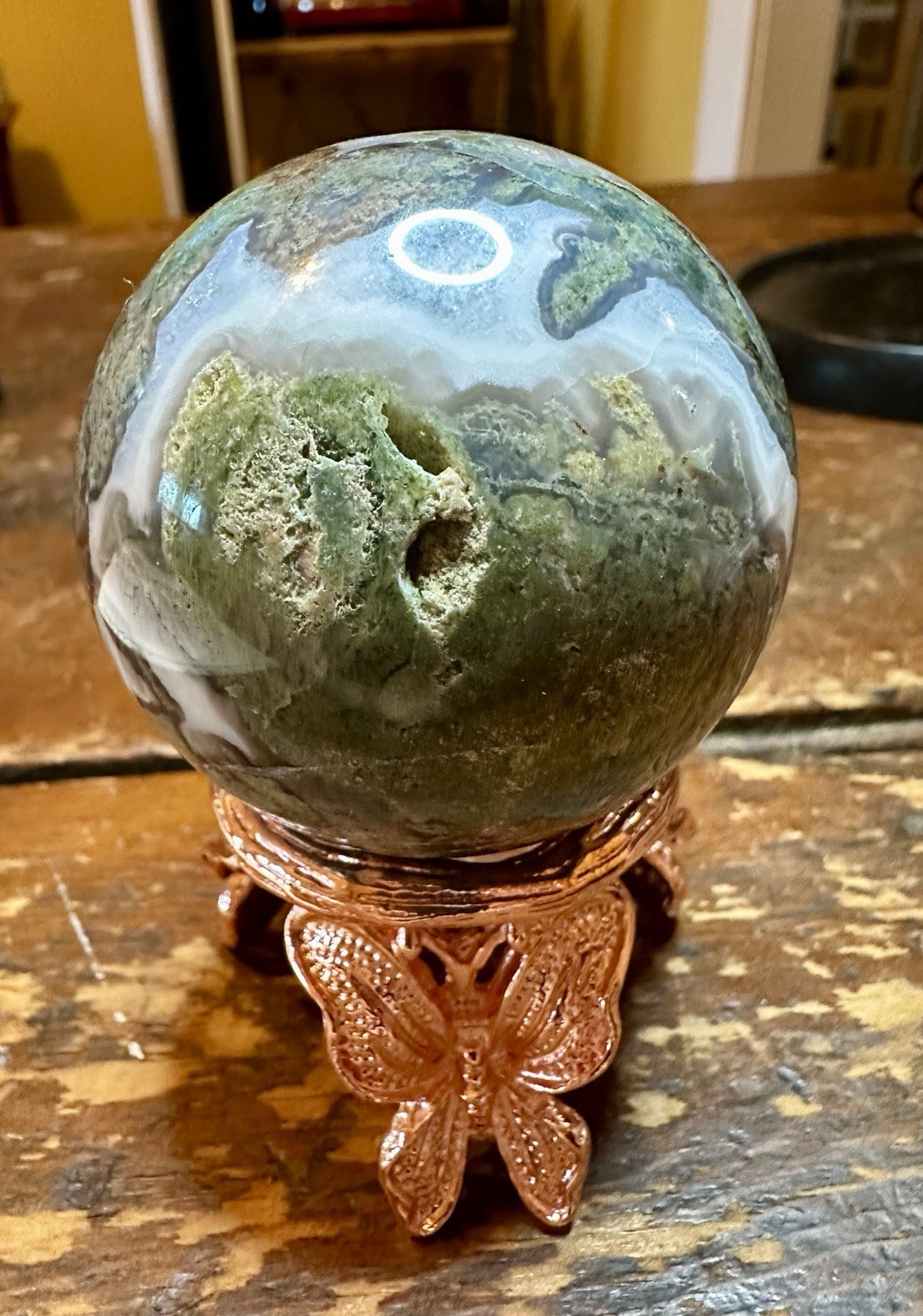 Green Moss Agate Sphere With Druzy And Butterfly Stand Free Shipping