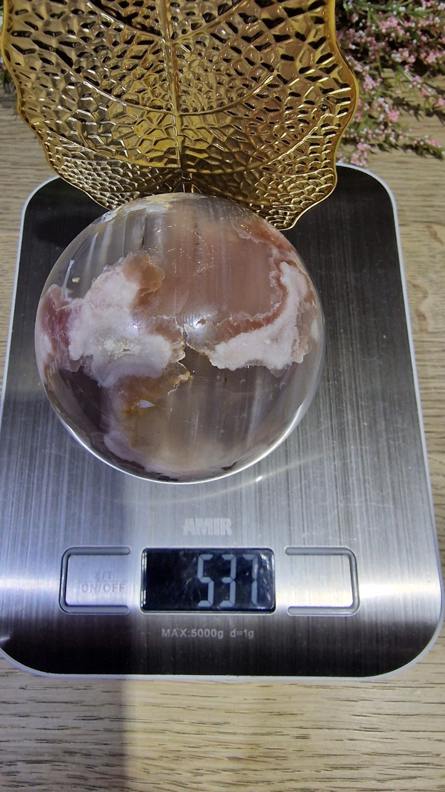 Flower Agate Crystal Sphere 537g 73mm UV Reactive Free Stand