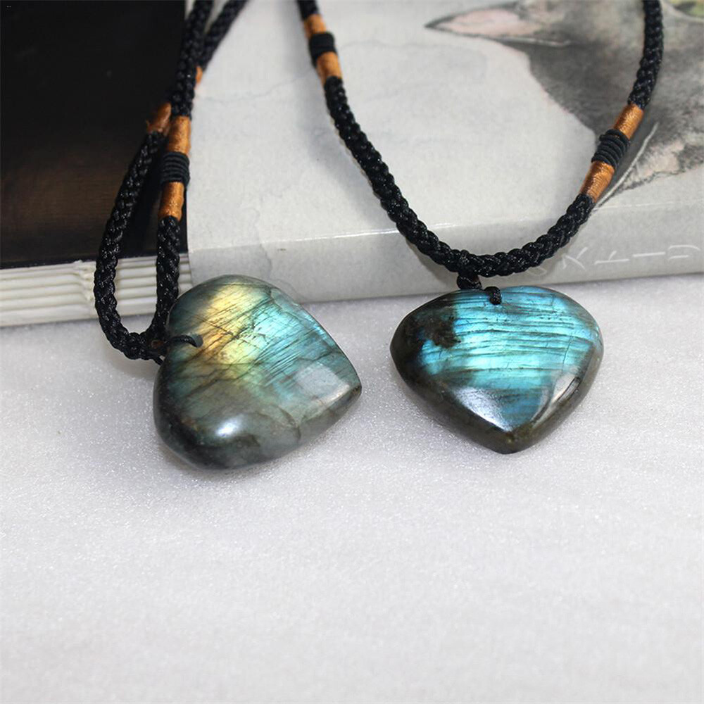 Natural Heart Pendant Labradorite Necklace Gem Moonstone Stone Crystal EOB