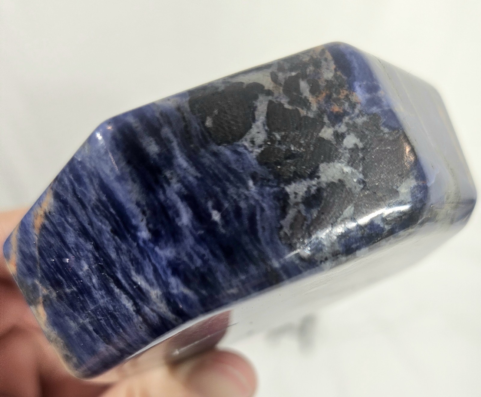 Large Polished Sodalite Octagon Bowl Deep Blue & Orange Veins 4-5″ Crystal Dish