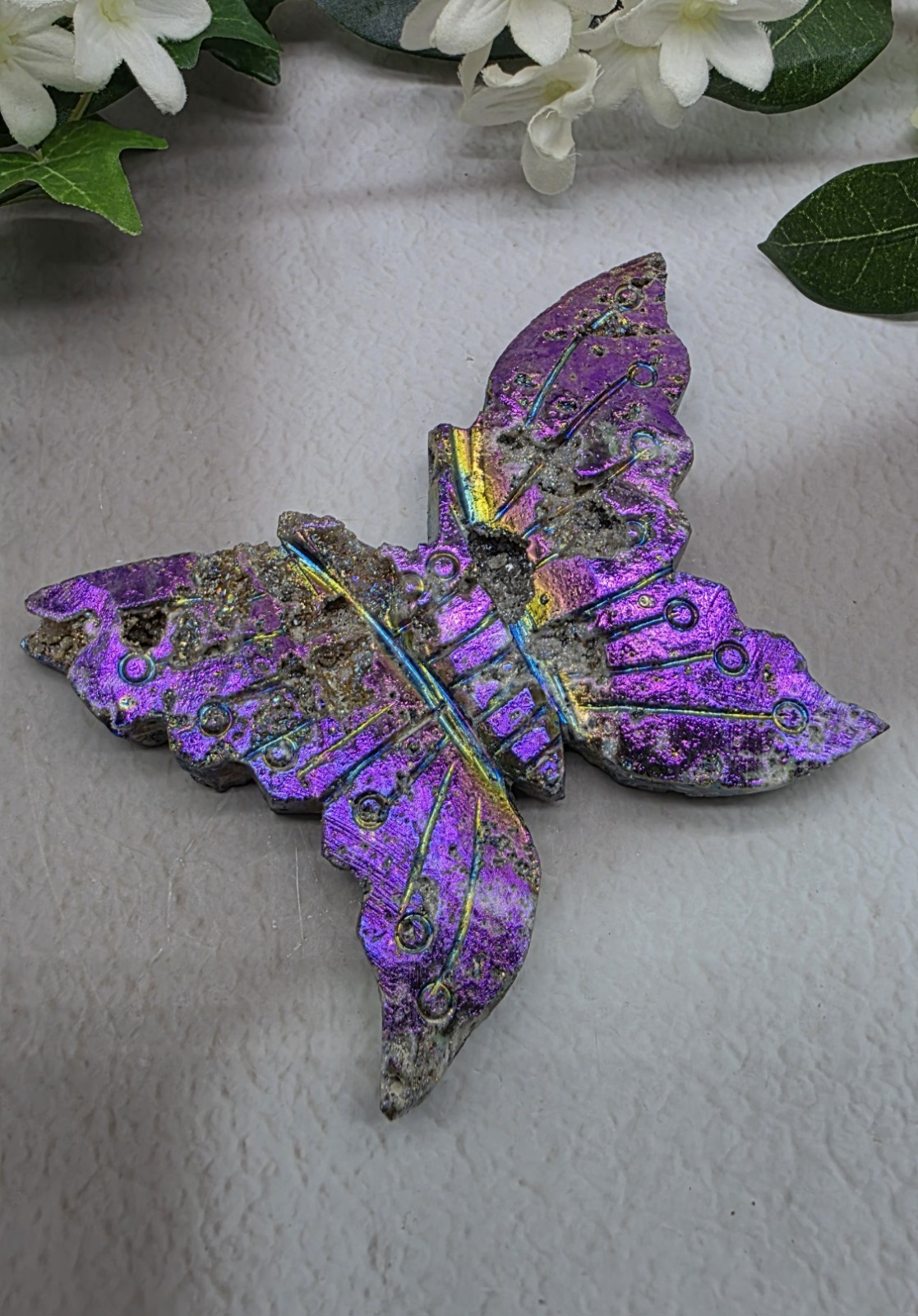 Druzy Aura Sphalerite Butterfly Carving | Rainbow Crystal Butterfly, Iridescent