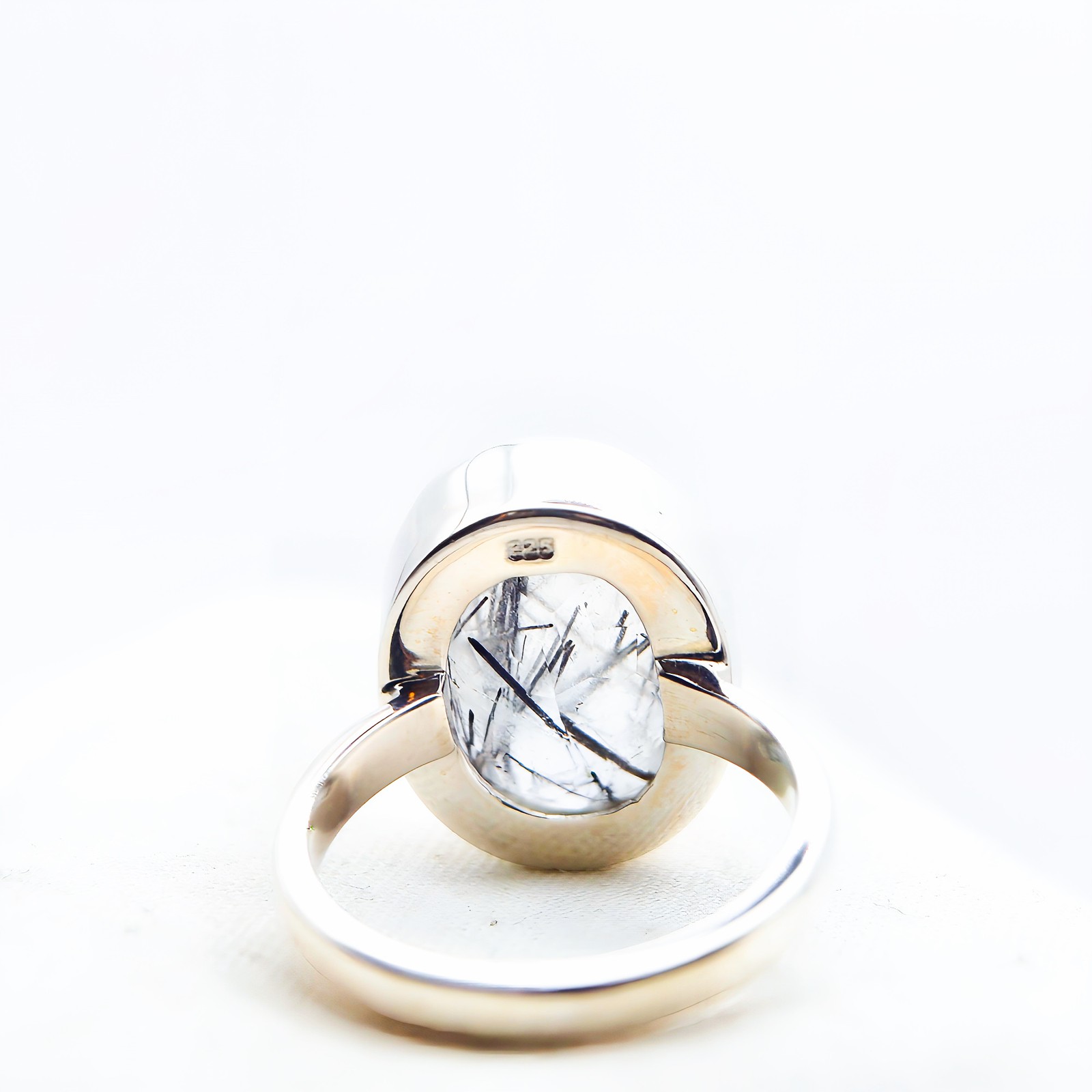 Black Tourmaline Quartz Sterling Silver Ring Natural Crystal UK Size P US Size 8