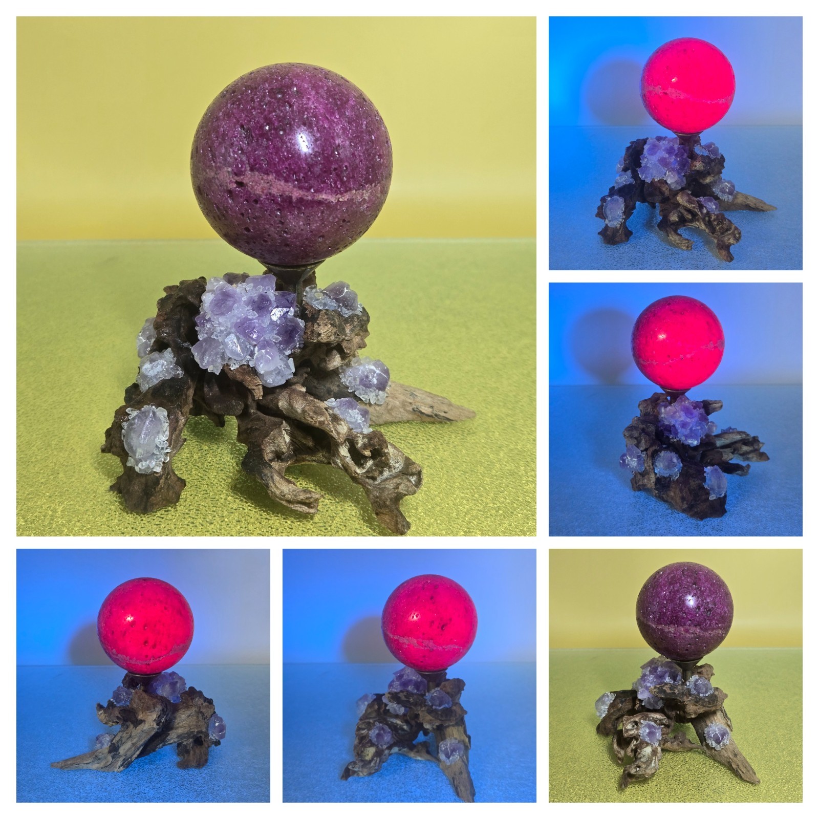 290G Pink UV Ruby Corundum Sphere Crystal Ball Reiki Healing With Wood Stand