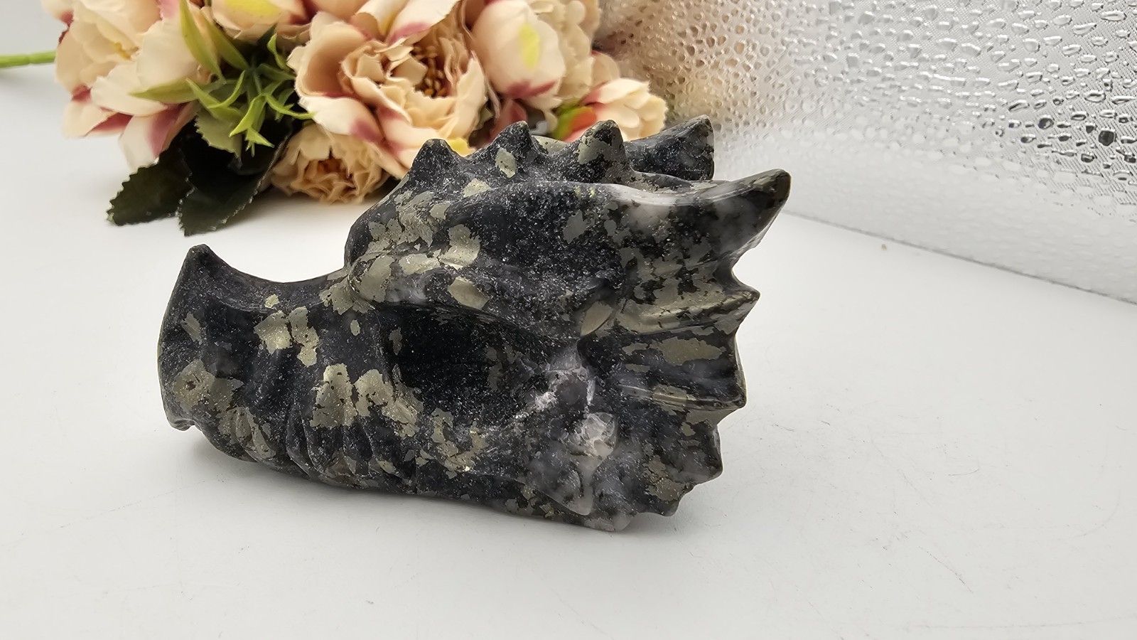 Pyrite crystal Dragon head Carving 6.8 X 4.4cm 157g Abundance Wealth