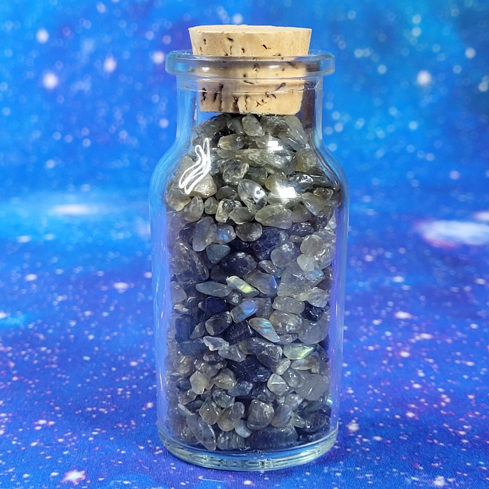 4 oz Labradorite Crystal Tumbled Chips in Vintage Glass Apothecary Jar Witchy