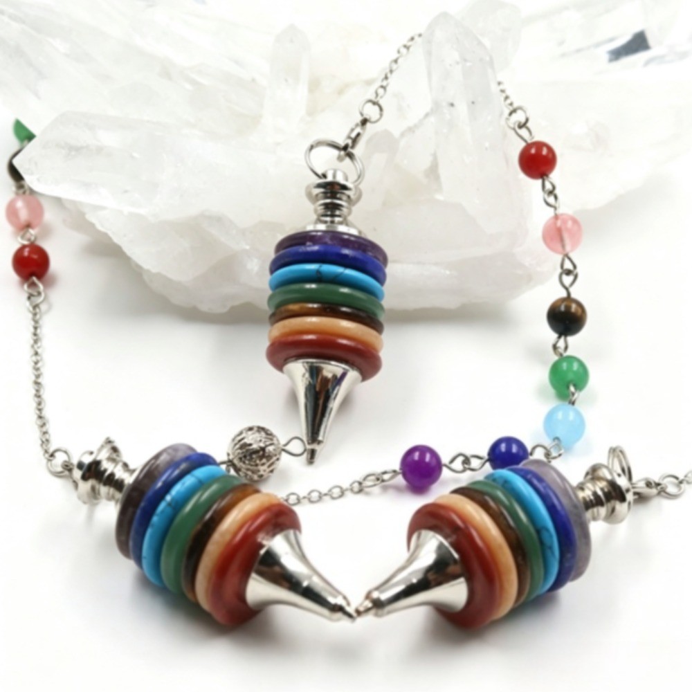 Natural Seven Chakra Crystal Disc Pendulum Dowsing Pendant HandCrafted Healing