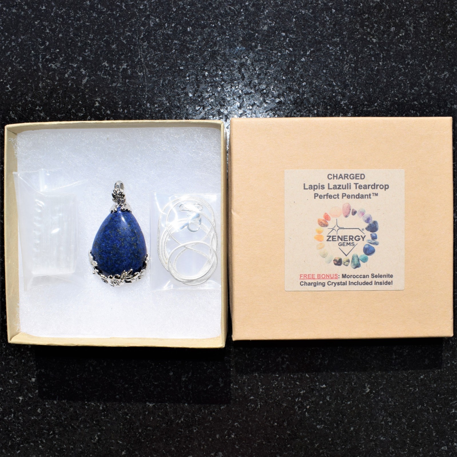 Lapis Lazuli Teardrop Pendant + 20″ Stainless Steel Chain + Baby Selenite Heart