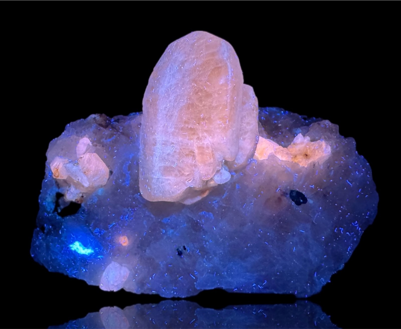 78 Grams Full Terminated Top Fluorescent Sky Blue Afghanite Crystals On Calcite