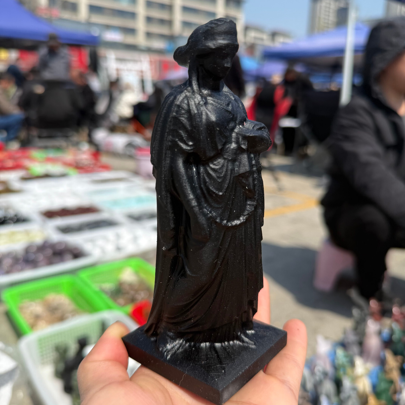 6″ natural Obsidian Virgin of Greece Skull Quartz Crystal Carved Reiki Healing