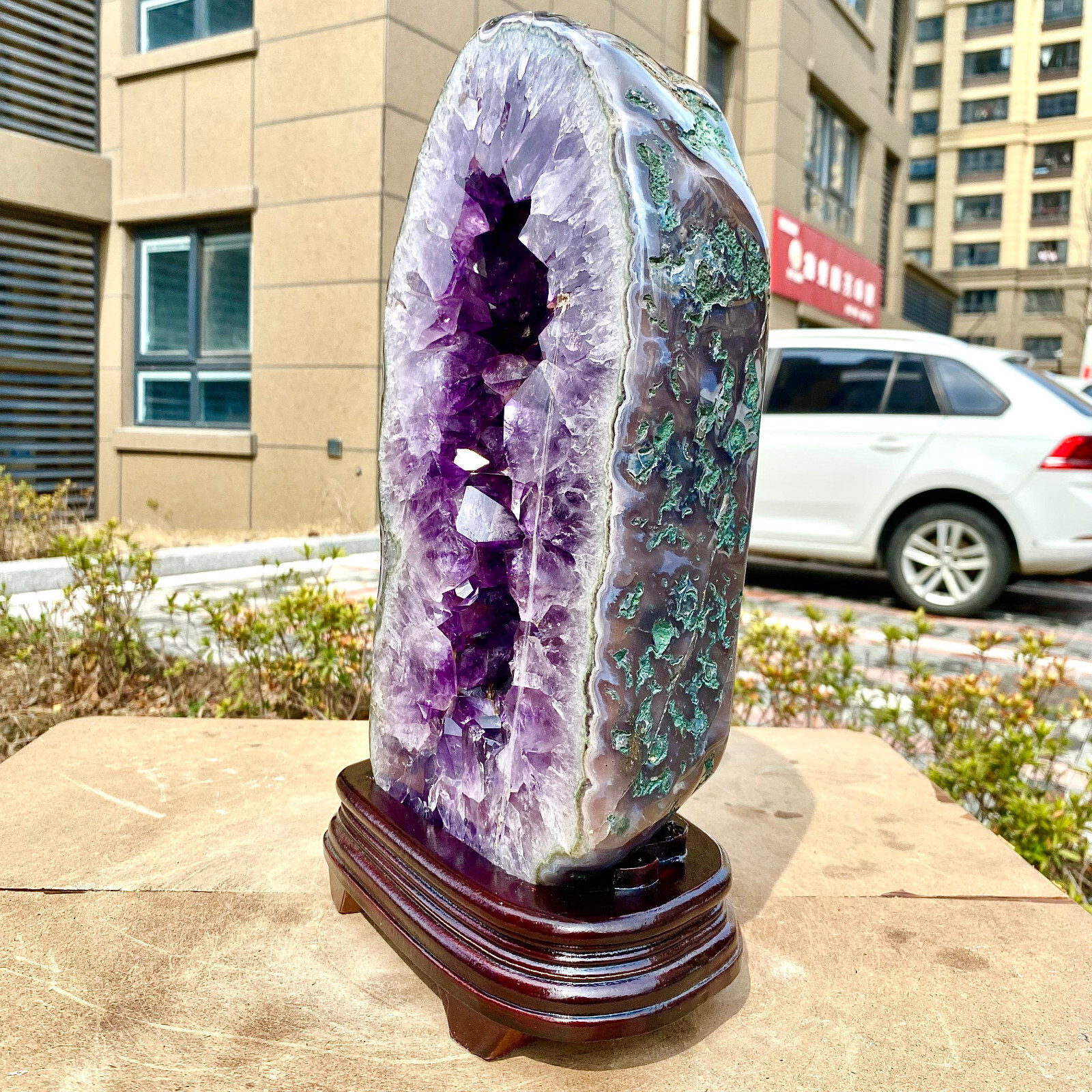 18.44LB Natural Amethyst Cave Crystal Slice Crescent shaped Hand Cut Repai