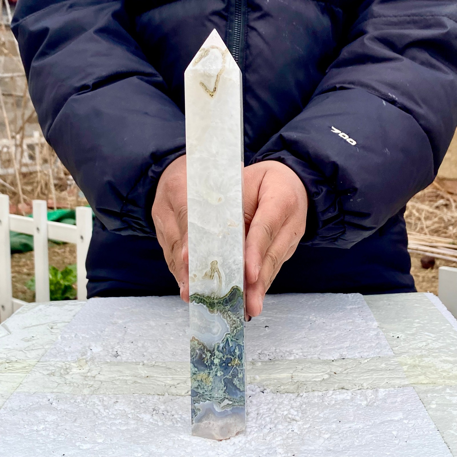 1.76LB Natural green moss agate quartz crystal obelisk aura healing