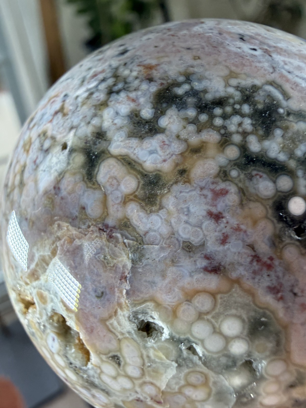 8th Vein Ocean Jasper Sphere – Druzy – Pink, White, Blue & Green Orbs – 9.91 oz
