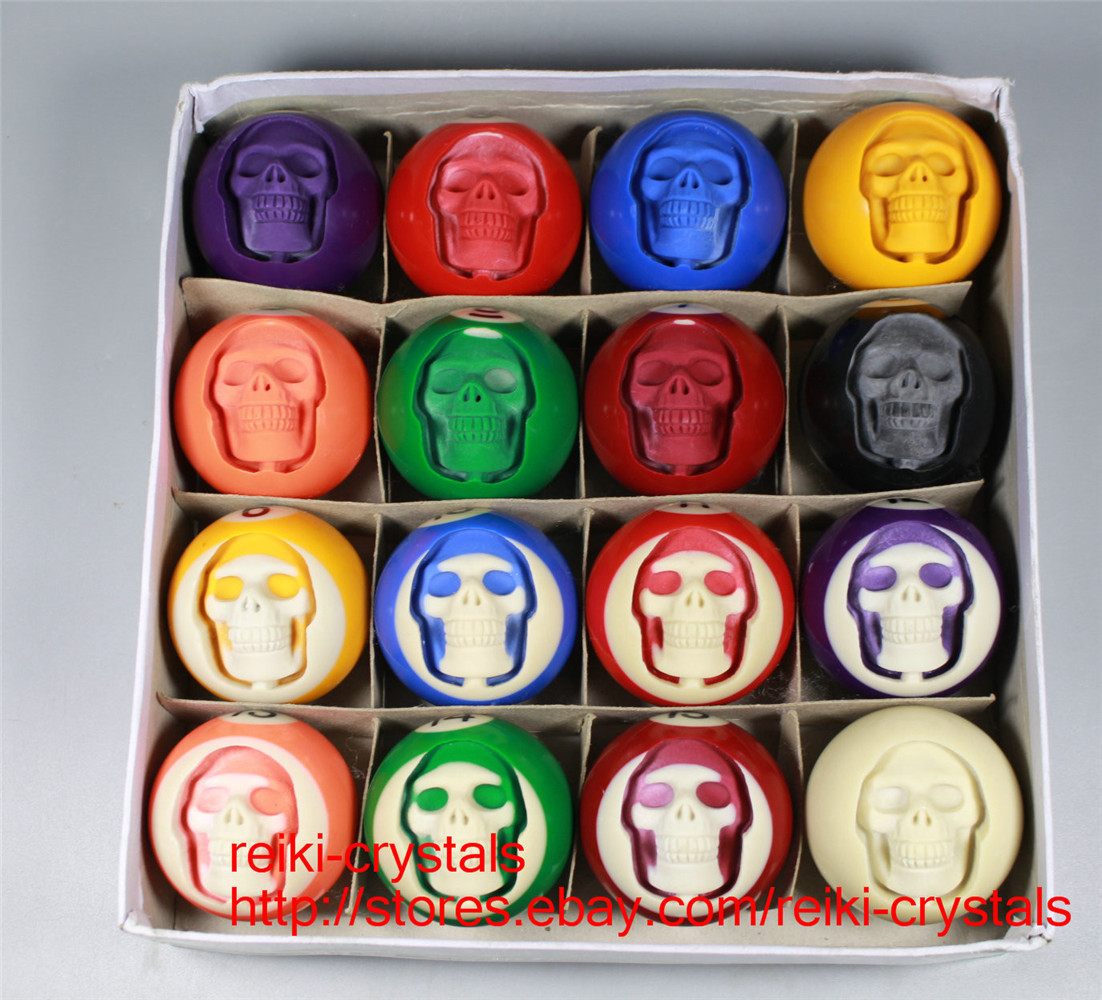 Hand Carved Head Human Skull in Billiard Pool Ball 1 Set of 16/ Stands 52mm