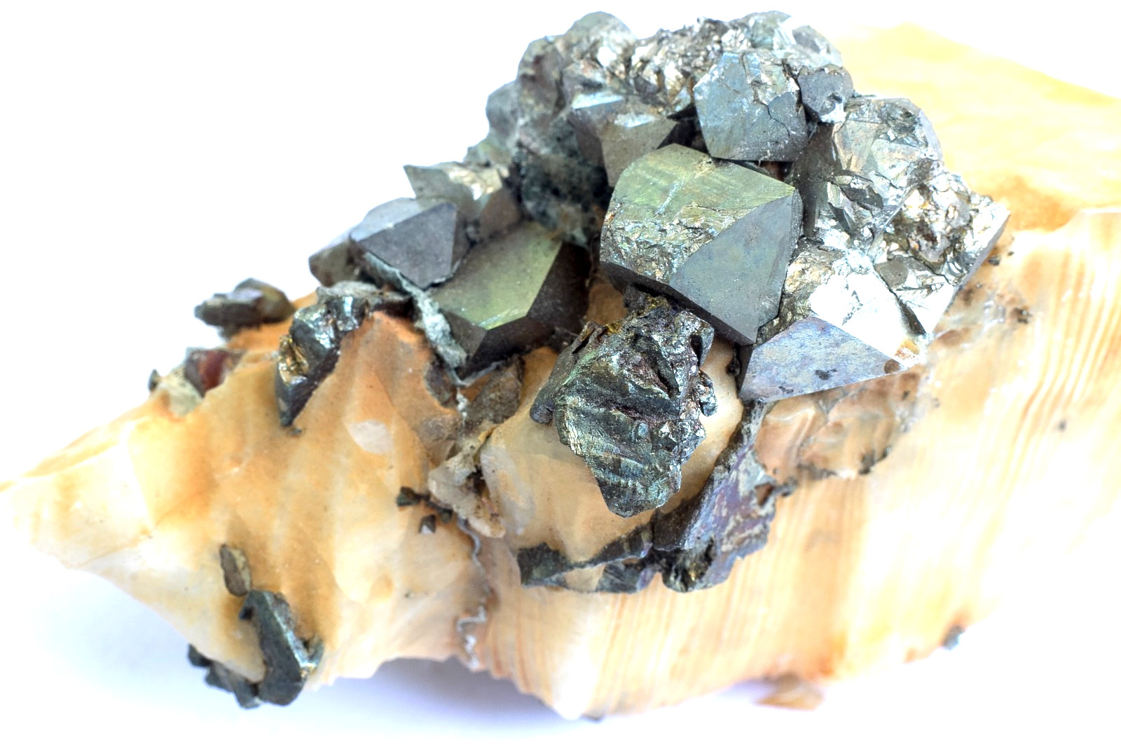 Pyrite on Calcite: Cornwall iron Mines, Lehigh Co., Pennsylvania