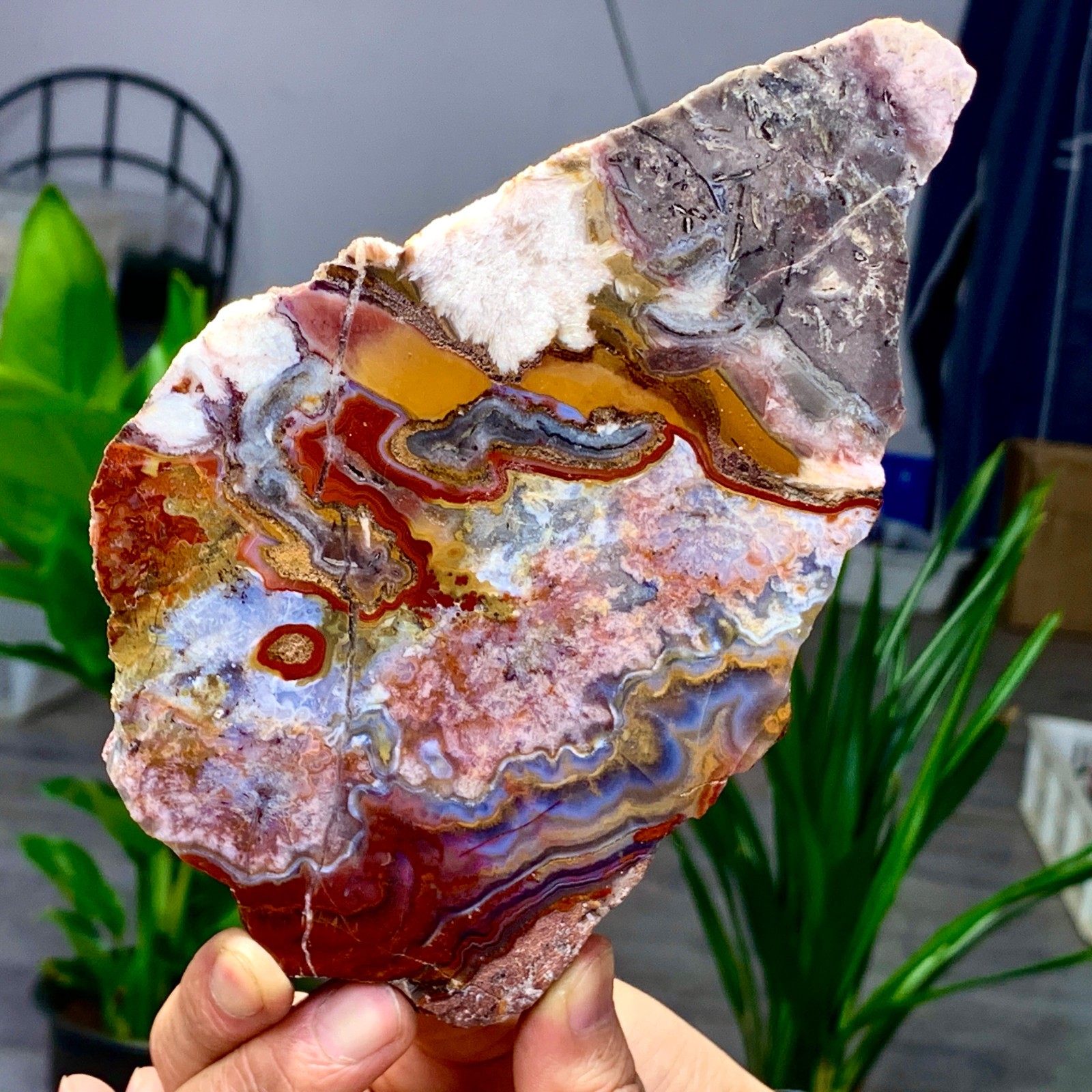 449G Natural Red Crazy Ribbon Lace Agate Crystal Polishing Sheet Mexico Repair