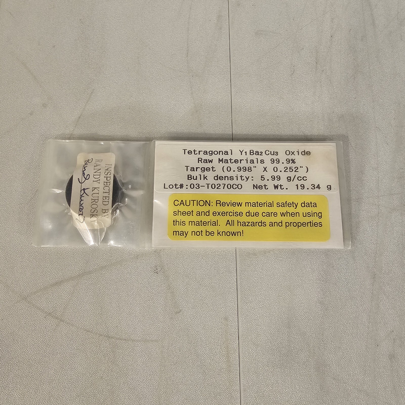 Tetragonal YBCO YBaCuO Y1Ba2Cu3 Oxide Sputtering Target Superconductor 19g 6g/CC