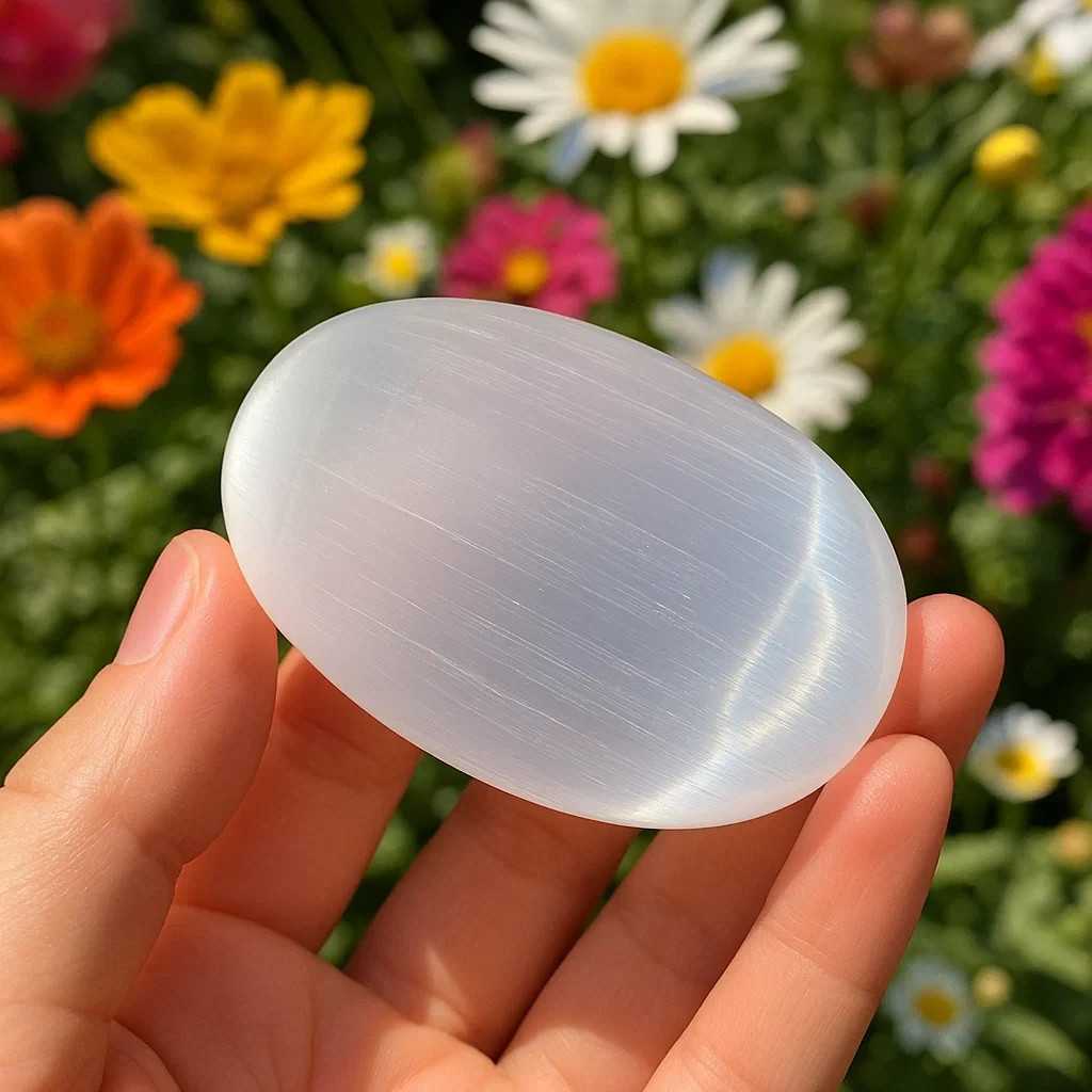 Natural Selenite Palm Stone Polished Worry Stone Cleansing Crystal Healing Decor