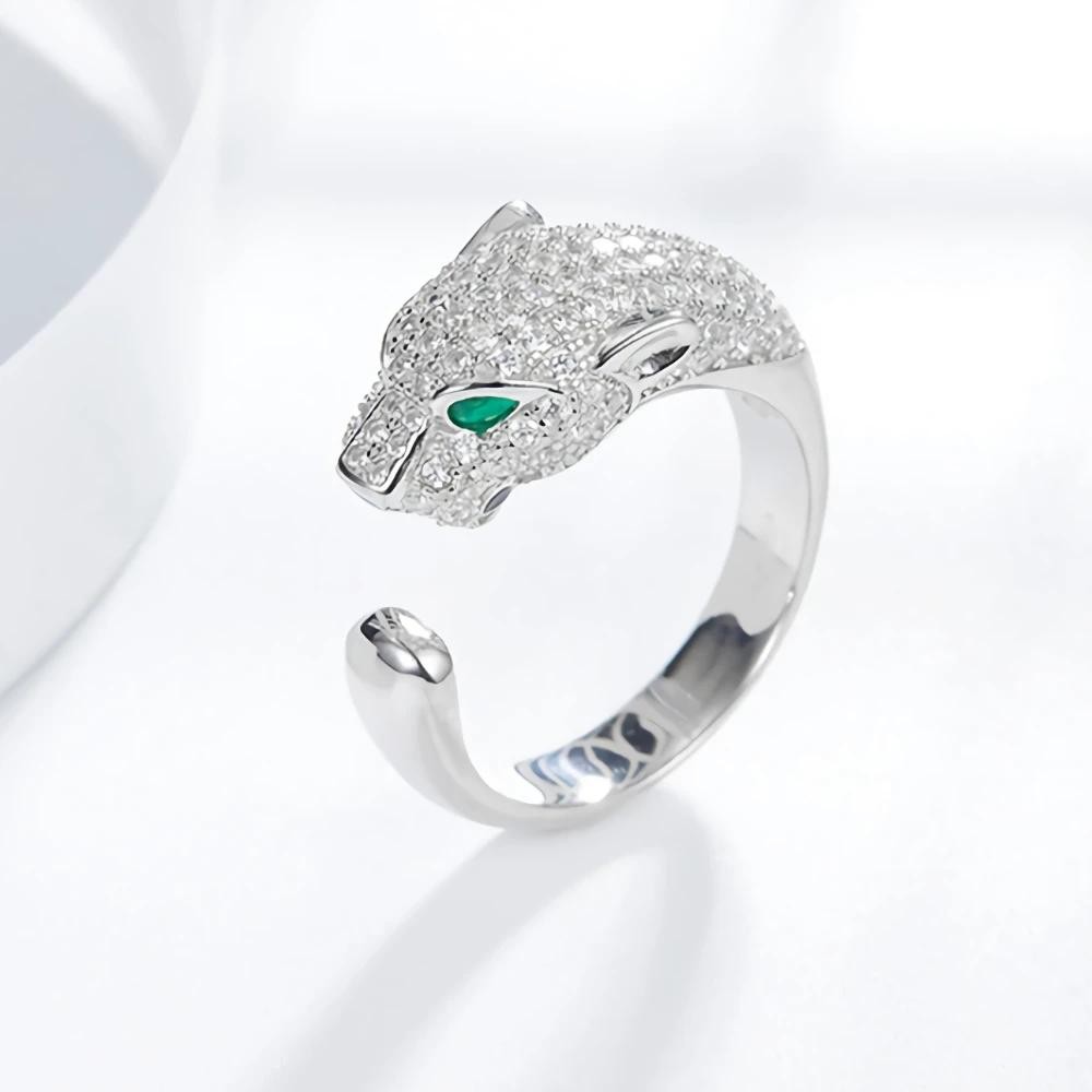 Noble 925 Sterling Silver Leopard Head Ring Crystal Jewelry for Women and Men