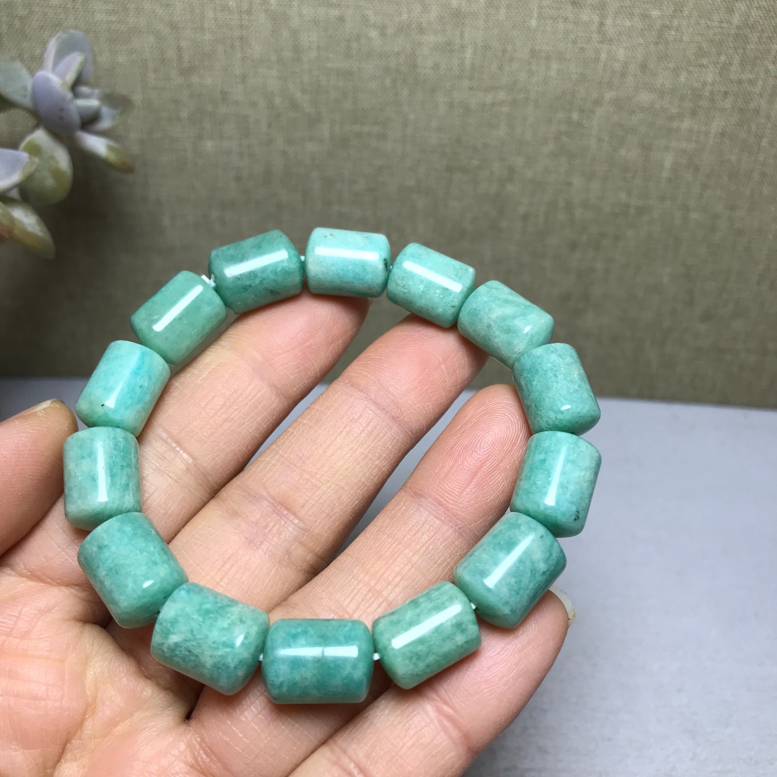 Rare Natural amazonite gemstone Crystal chain barrel beads bracelet 37g A3011