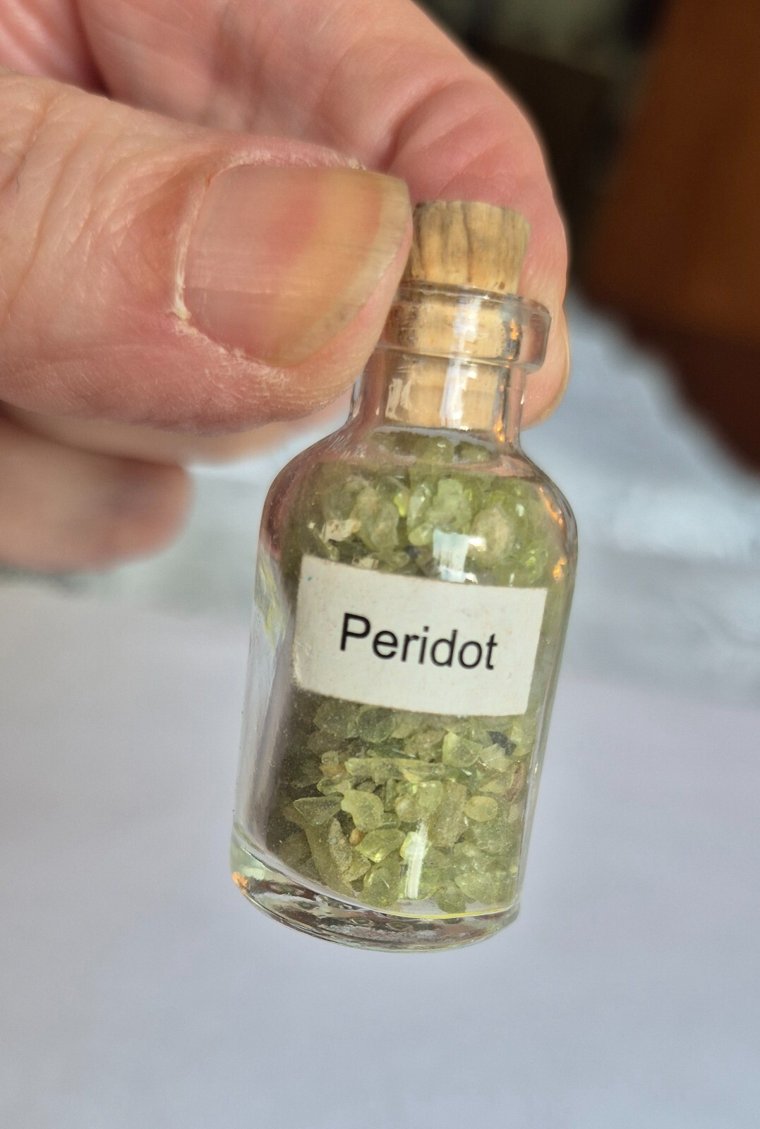 Genuine Peridot Chip Bottle – Tiny Crushed Gemstone Pieces in Glass Jar- Cute!