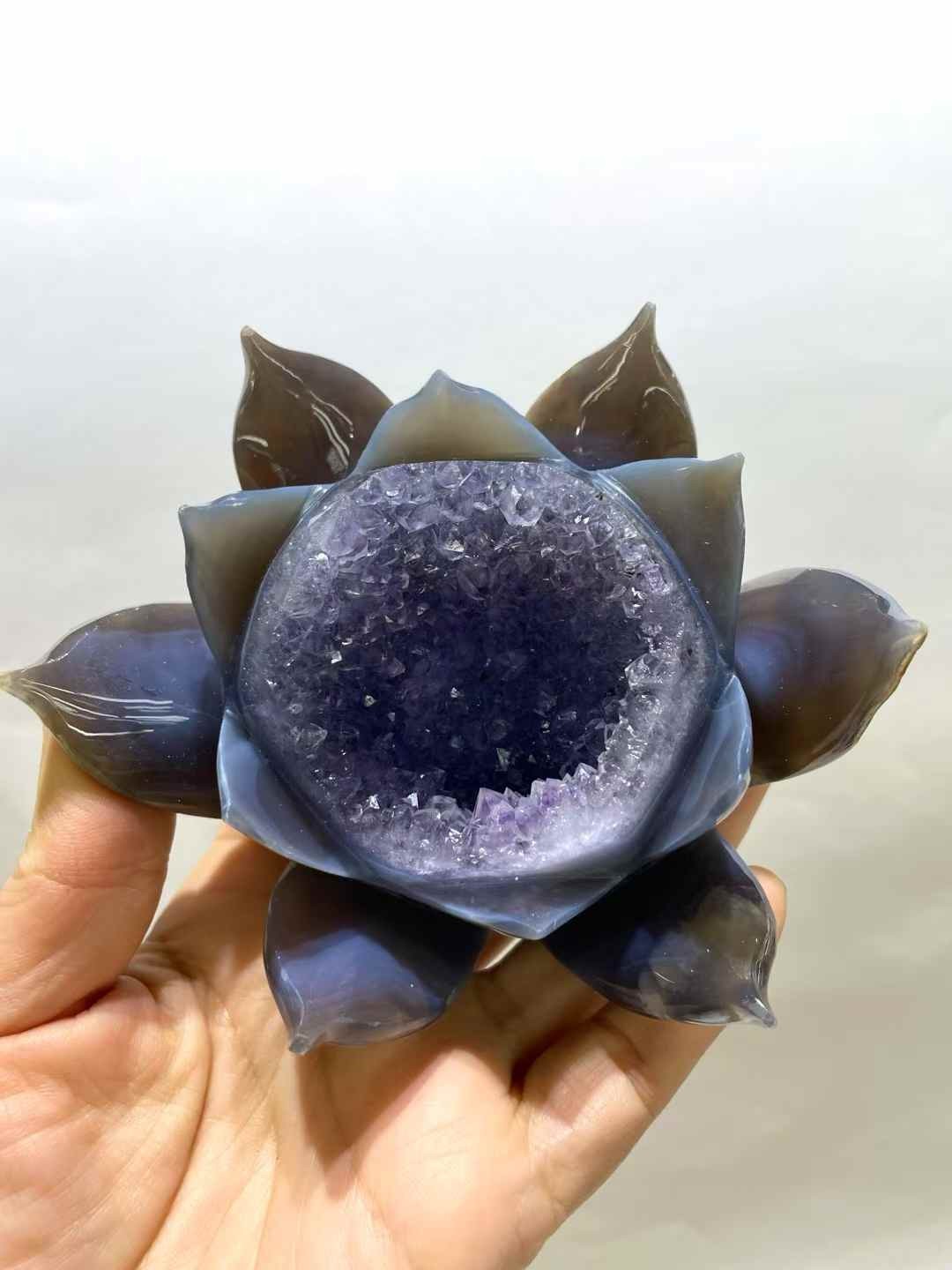 1pc Natural Agate Geode Quartz Carved Lotus Skull Crystal Reiki Healing Decor