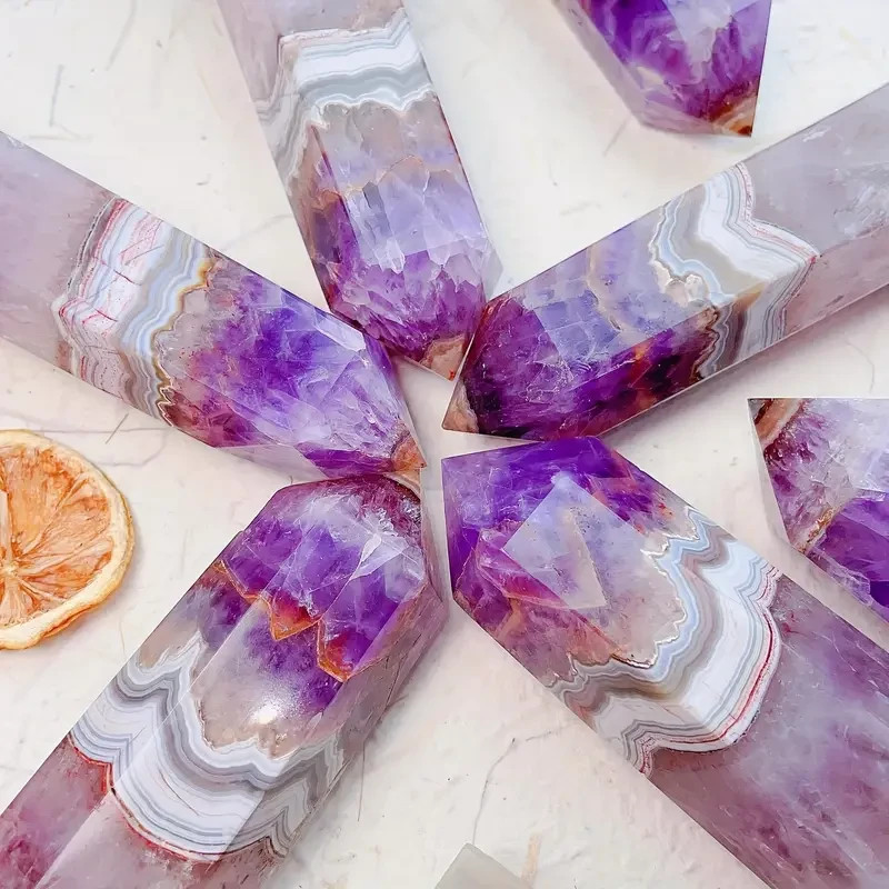 2Pcs Amethyst Agate Crystal Tower Reiki Healing Gemstone Obelisk Home Decor Gift